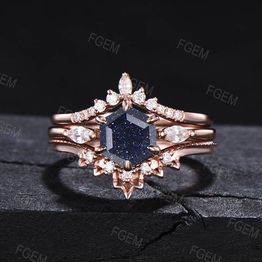 3PCS Hexagon Cut Blue Sandstone Ring Set 14K Rose Gold Galaxy Starry Sky Ring CZ Diamond Wedding Band Proposal Gift Outer Space Nebula Ring