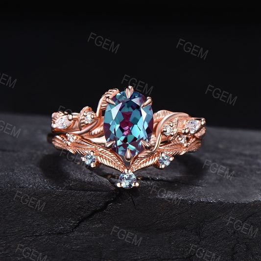 Nature Inspired Alexandrite Ring Set 1.5ct Oval Color-Change Alexandrite Engagement Rings Leaf Moissanite Ring Unique June Birthstone Gifts