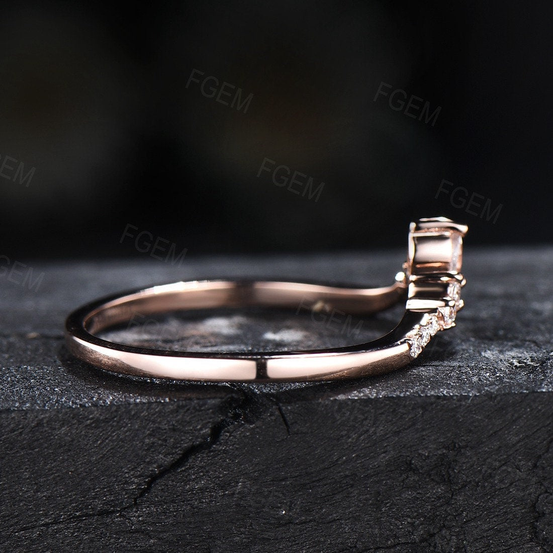 Curved Ring Kite Moissanite Wedding Band Art Deco Dainty Vintage Rose Gold Chevron Band Moissanite Matching Stacking Band Unique Anniversary Band
