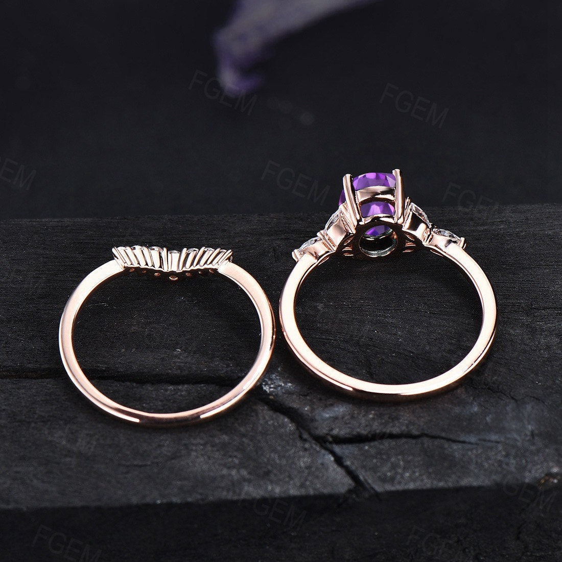 February Birthstone Ring Purple Crystal Wedding Ring 1.5ct Oval Cut Amethyst Engagement Ring Set Natural Amethyst Ring Rose Gold Bridal Set