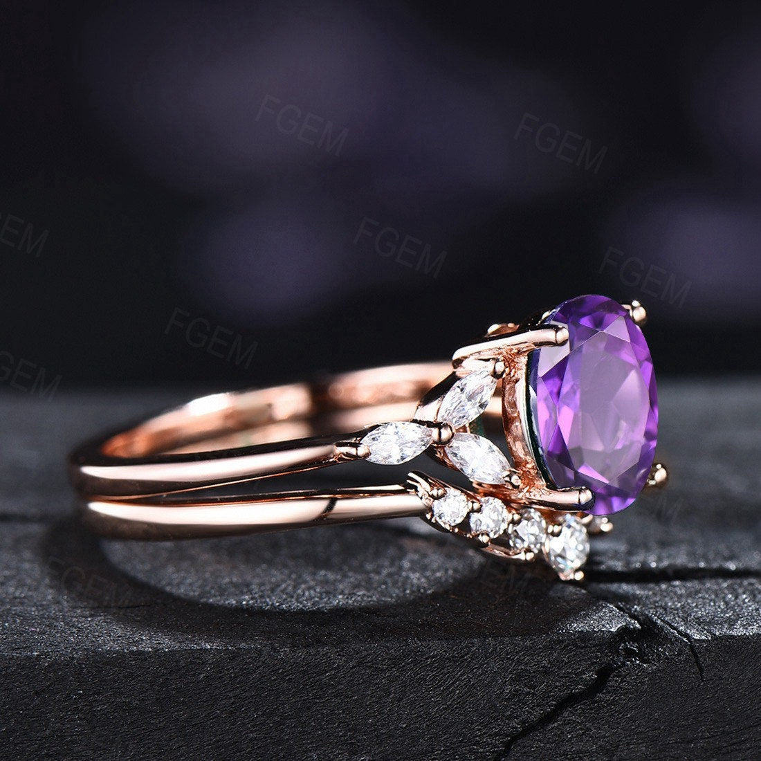 February Birthstone Ring Purple Crystal Wedding Ring 1.5ct Oval Cut Amethyst Engagement Ring Set Natural Amethyst Ring Rose Gold Bridal Set