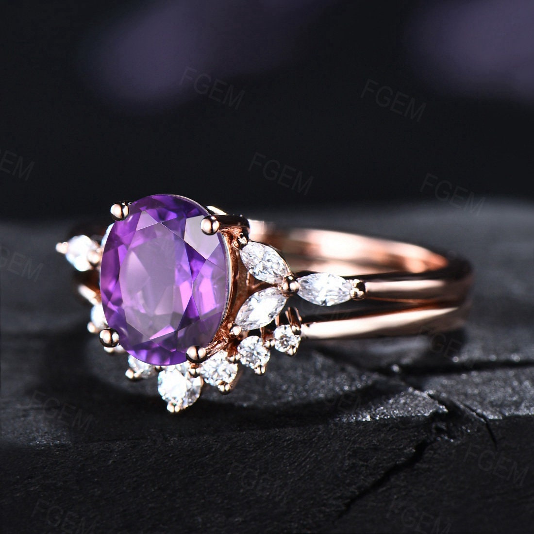 February Birthstone Ring Purple Crystal Wedding Ring 1.5ct Oval Cut Amethyst Engagement Ring Set Natural Amethyst Ring Rose Gold Bridal Set