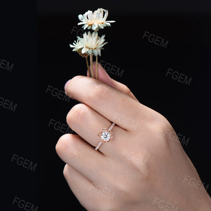Rose Flower Engagement Rings Round Moissanite Diamond Ring 14K Rose Gold Half Eternity Floral Wedding Ring Nature Inspired Moissanite Ring