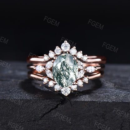 Natural India Moss Agate Ring Engagement Set Sterling Silver Green Gemstone Ring CZ Diamond Wedding Band Anniversary Birthday Gift For Her