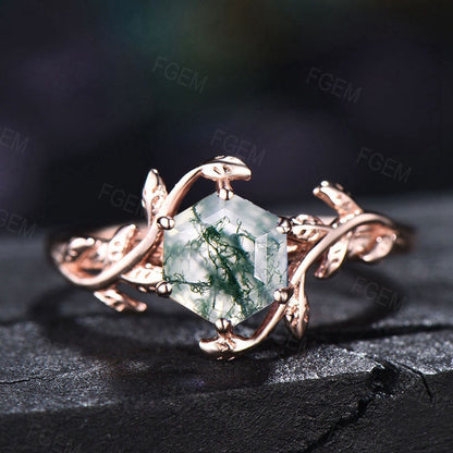 1ct Natural Moss Agate Ring Set Vintage Hexagon Cut Nature Inspired Leaf Engagement Rings Unique Solitaire Ring Green Healing Gemstone Ring