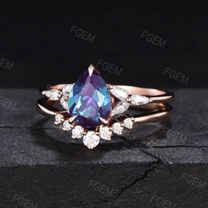 1.25ct Pear Shaped Alexandrite Ring Set June Birthstone Wedding Ring Alexandrite Cluster Engagement Ring Unique Birthday/Promise Gift Women