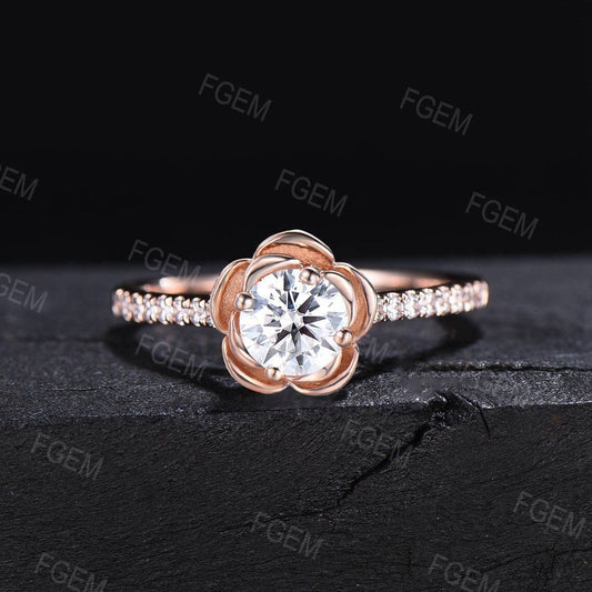 Rose Flower Engagement Rings Round Moissanite Diamond Ring 14K Rose Gold Half Eternity Floral Wedding Ring Nature Inspired Moissanite Ring
