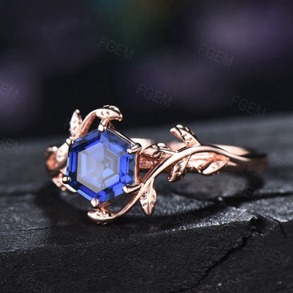 Sterling Silver Nature Inspired Blue Sapphire Leaf Engagement Ring Vintage 1ct Hexagon Cut Blue Sapphire Ring September Birthstone Jewelry