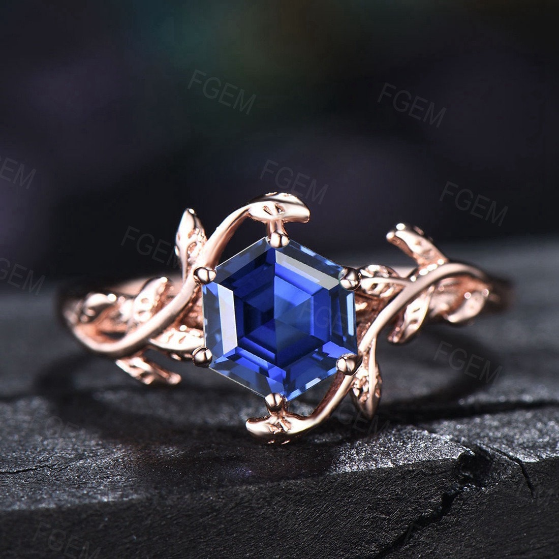 Sterling Silver Nature Inspired Blue Sapphire Leaf Engagement Ring Vintage 1ct Hexagon Cut Blue Sapphire Ring September Birthstone Jewelry
