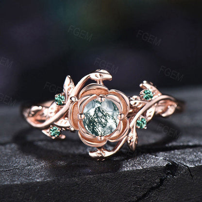 Nature Inspired Moss Agate Engagement Ring 10K Rose Gold Rose Flower Wedding Ring Vintage Leaf Branch Moss Ring Cluster Green Emerald Ring
