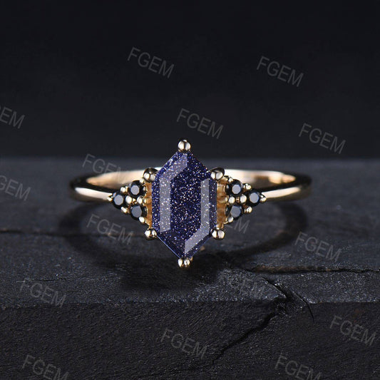 Hexagon Cut Blue Sandstone Ring Unique Engagement Rings Galaxy Starry Sky Ring Black Diamond Bridal Ring Handmade Proposal Gifts for Women