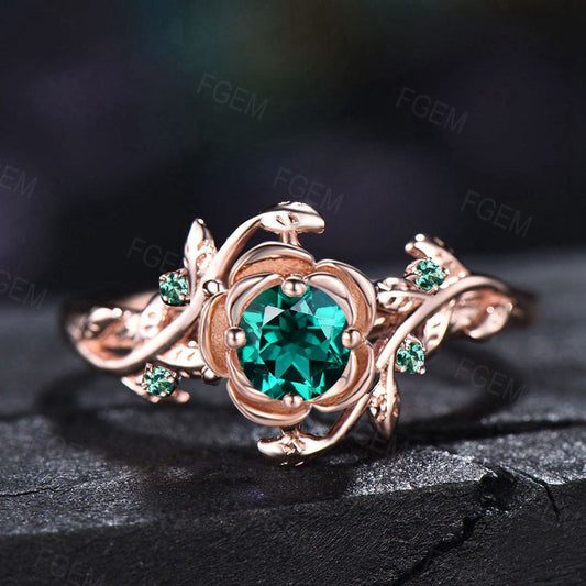 Rose Flower Engagement Ring Round Cut Green Emerald Wedding Ring 10K Rose Gold Floral Ring Nature Inspired Leaf Emerald Ring Promise Gift