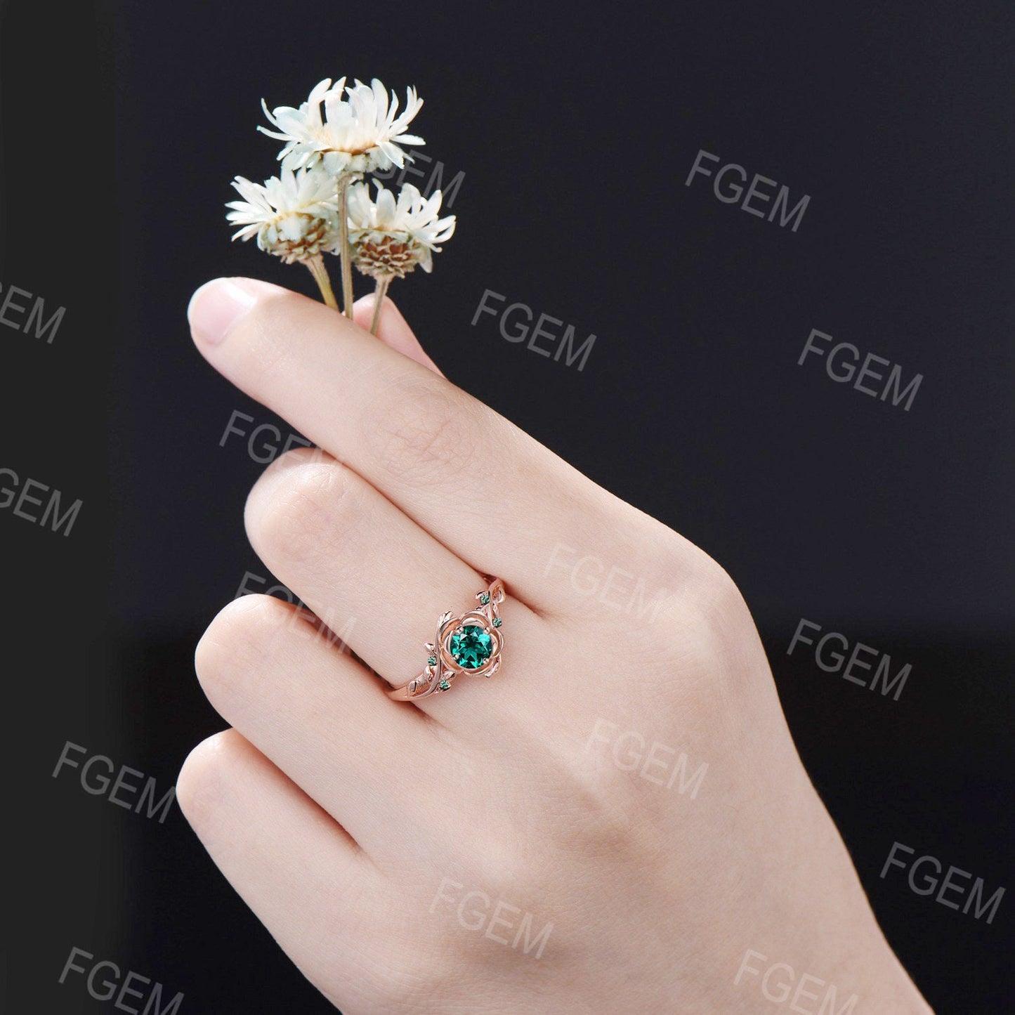 Rose Flower Engagement Ring Round Cut Green Emerald Wedding Ring 10K Rose Gold Floral Ring Nature Inspired Leaf Emerald Ring Promise Gift