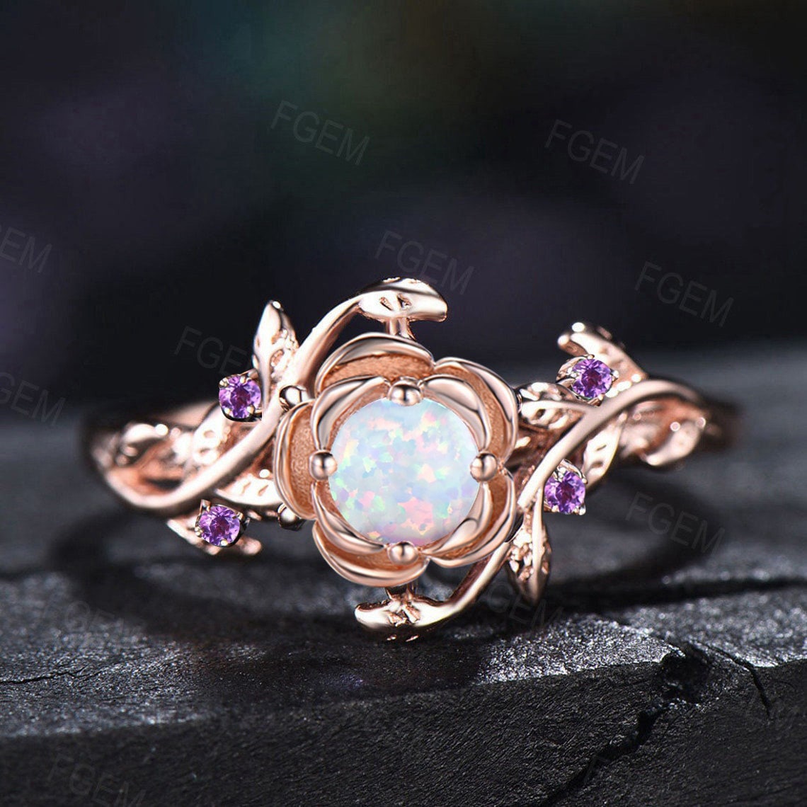 Rose Flower Engagement Ring Round Cut White Opal Wedding Ring Floral Opal Ring Nature Inspired Leaf Amethyst Ring October Birthstone Gift