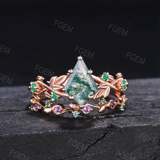 Nature Inspired Kite Cut Natural Moss Agate Ring Unique Moss Agate Leaf Engagement Ring Set 14k Rose Gold Emerald Ring Amethyst Wedding Set