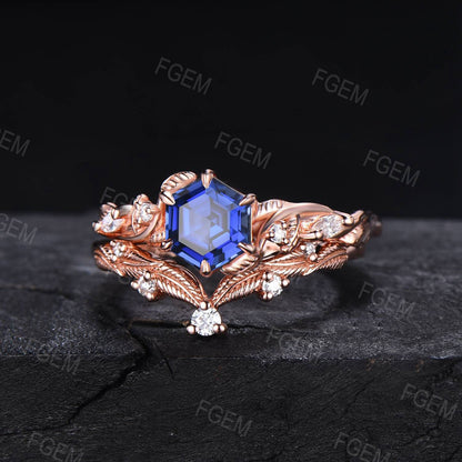 Unique Blue Sapphire Engagement Ring Set 14K Rose Gold Hexagon Nature Inspired Blue Sapphire Ring Handmade September Birthstone Jewelry Gift