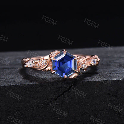 Unique Leaves Blue Sapphire Engagement Ring Set 14K Rose Gold 1ct Hexagon Cut Blue Sapphire Bridal Set Handmade Nature Inspired Jewelry Gift
