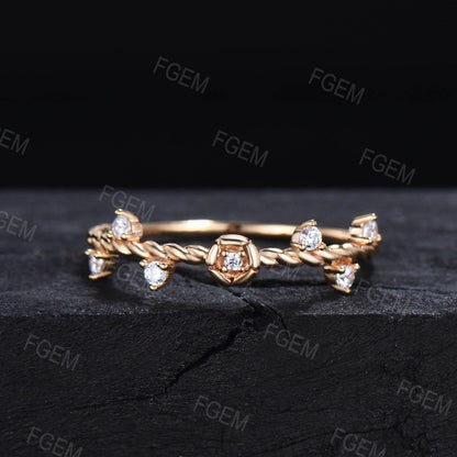 Dainty Rose Flower Moissanite Nature Inspired Wedding Band 10K Yellow Gold Floral Round Moissanite Twisted Wedding Ring Unique Promise Gifts
