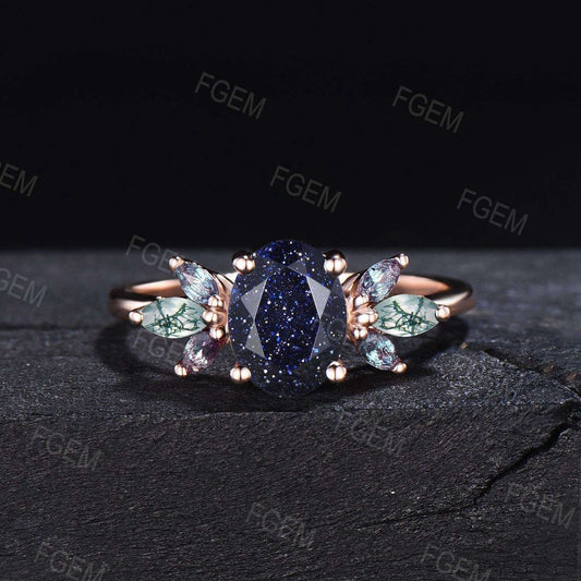 1.5ct Oval Cut Starry Sky Blue Sandstone Ring Moss Agate Cluster Engagement Ring Alexandrite Wedding Ring Unique Promise Birthday Gift Women