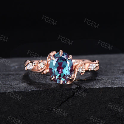 Nature Inspired Engagement Ring 14K Rose Gold Leaf Branch Twig Ring 1.5ct Oval Cut Color-Change Alexandrite Wedding Ring Unique Promise Ring