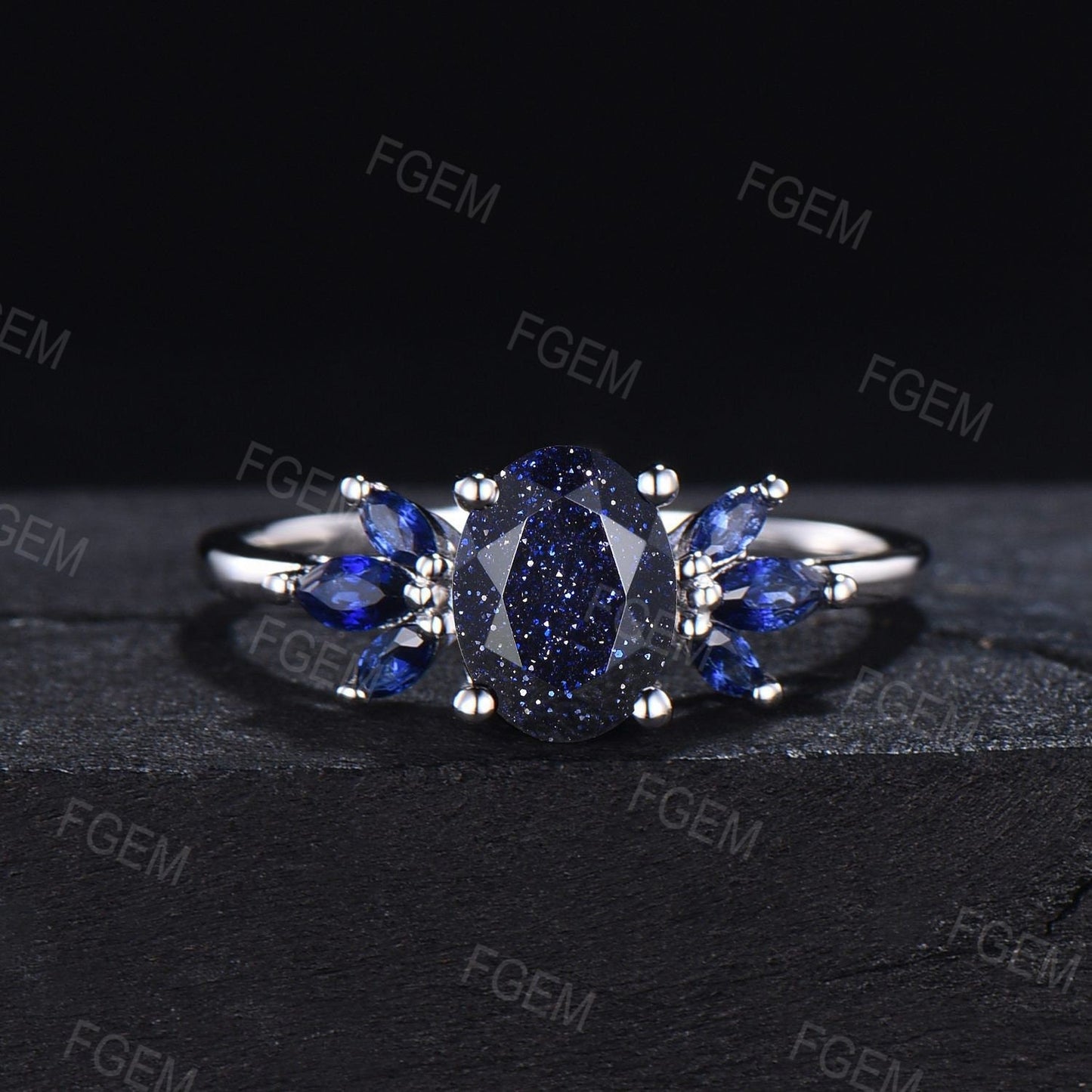 1.5ct Oval Cut Blue Sandstone Cluster Engagement Rings Galaxy Starry Sky Ring Blue Sapphire Ring Unique Handmade Proposal Gifts for Women