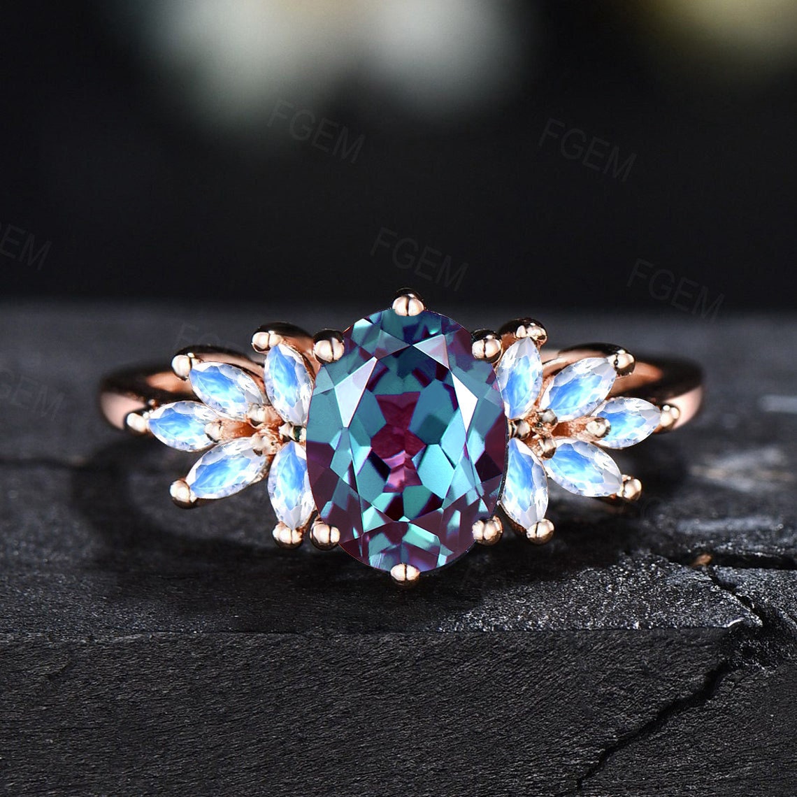 1.5ct Oval Color-Change Alexandrite Ring Marquise Moonstone Cluster Alexandrite Engagement Ring June Birthstone Jewelry Unique Promise Gift