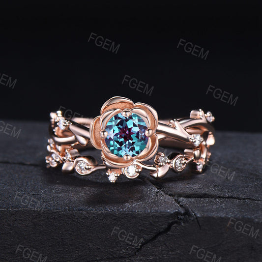 Nature Inspired Alexandrite Engagement Ring Round Cut Flower Engagement Ring Rose Gold Alexandrite Ring Twig Floral Moissanite Promise Ring