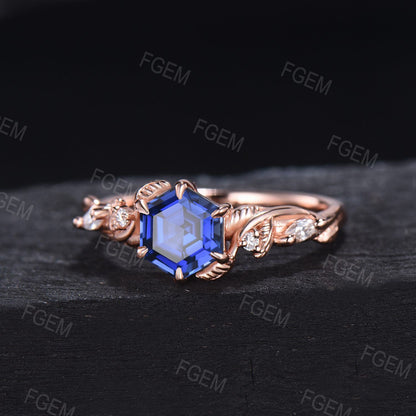 Leaves Blue Sapphire Engagement Ring 14K Rose Gold 1ct Hexagon Cut Blue Sapphire Twig Ring Personalized Nature Inspired Jewelry Propose Gift