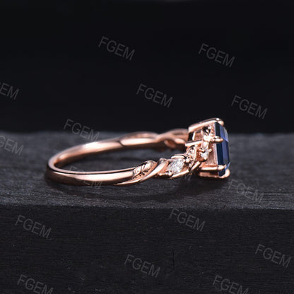 Leaves Blue Sapphire Engagement Ring 14K Rose Gold 1ct Hexagon Cut Blue Sapphire Twig Ring Personalized Nature Inspired Jewelry Propose Gift