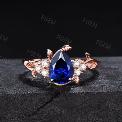 Nature Inspired Blue Sapphire Engagement Ring Vintage 1.25ct Pear Shaped Blue Sapphire Ring Twig Leaf Bridal Set September Birthstone Gifts