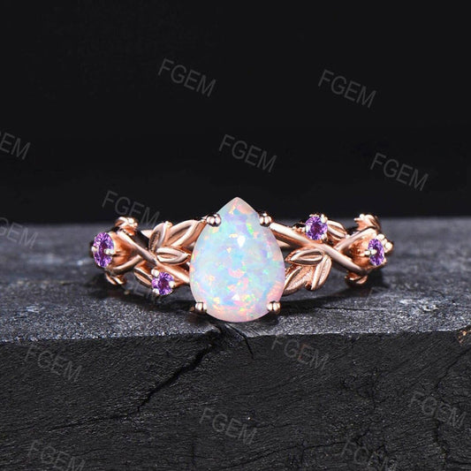 Nature Inspired Opal Engagement Ring 1.25ct Pear Shaped White Opal Wedding Ring Twig Leaf Amethyst Ring Twisted Band Unique Anniversary Gift