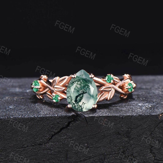 Nature Inspired 1.25ct Pear Moss Agate Ring Leaf Engagement Rings Green Emerald Wedding Ring Aquatic Agate Bridal Ring Branch Leaves Band