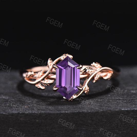 Hexagon Cut Natural Amethyst Engagement Ring Twig Leaf Purple Crystal Ring Nature Inspired Amethyst Wedding Ring February Birthstone Jewelry