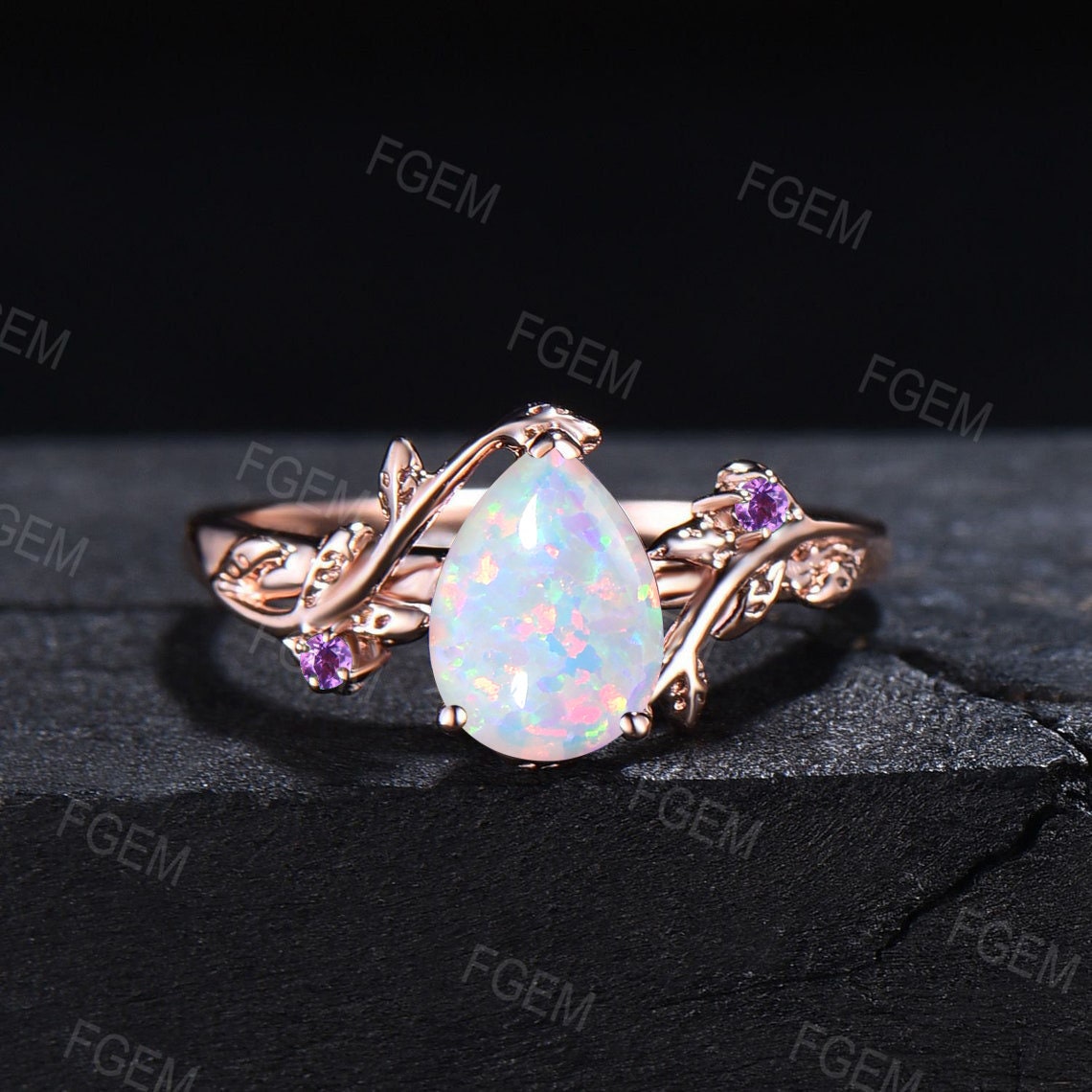 Nature Inspired White Opal Engagement Ring Set Vintage 1.25ct Pear Shaped Unique Branch Design Lab Opal Ring Leaf Amethyst Wedding Ring Set