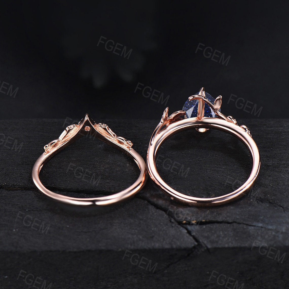 Nature Inspired Blue Sandstone Engagement Rings Set Branch Leaf Bridal Sets Black Gemstone Ring 1.25ct Pear Shaped Blue Goldstone Ring Set