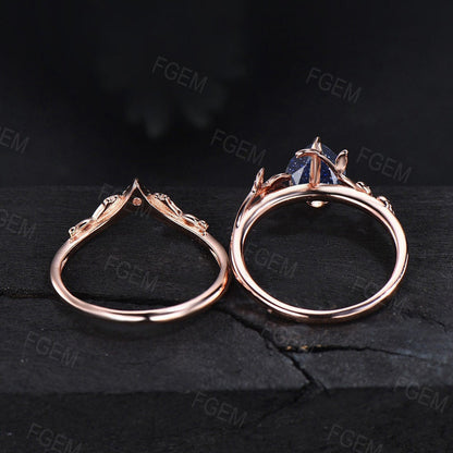 Nature Inspired Blue Sandstone Engagement Rings Set Branch Leaf Bridal Sets Black Gemstone Ring 1.25ct Pear Shaped Blue Goldstone Ring Set