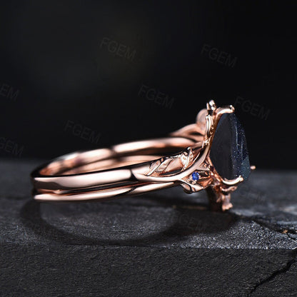 Nature Inspired Blue Sandstone Engagement Rings Set Branch Leaf Bridal Sets Black Gemstone Ring 1.25ct Pear Shaped Blue Goldstone Ring Set