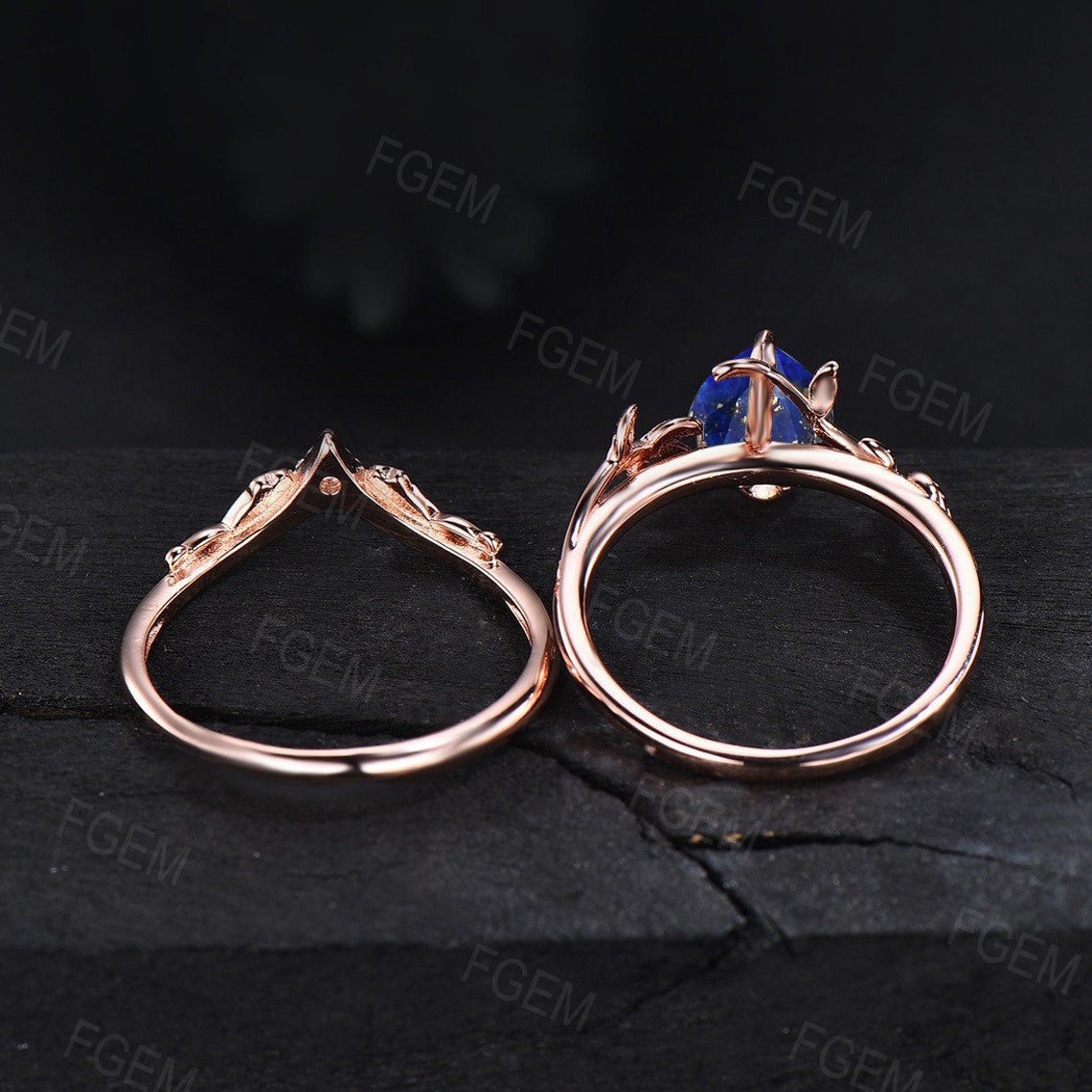 Nature Inspired Pear Lapis Lazuli Engagement Ring Set Natural Lapis Gold Leaf Ring Set 1.25CT Blue Lapis Jewelry Blue Sapphire Wedding Ring
