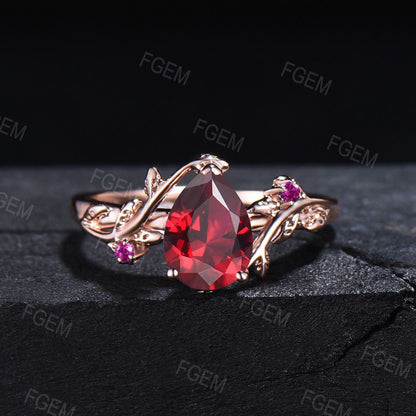 Nature Inspired Twig Leaf Ruby Engagement Ring 1.25ct Pear Ruby Ring Red Gemstone Jewelry Pink Tourmaline Wedding Ring July Birthstone Gift