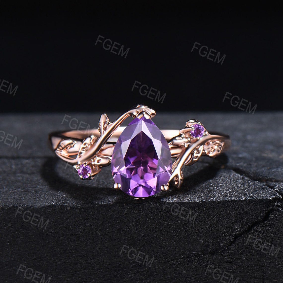 Nature Inspired Natural Amethyst Bridal Set 1.25ct Pear Shape Leaf Amethyst Engagement Ring Purple Crystal Wedding Ring Set Branch Twig Ring