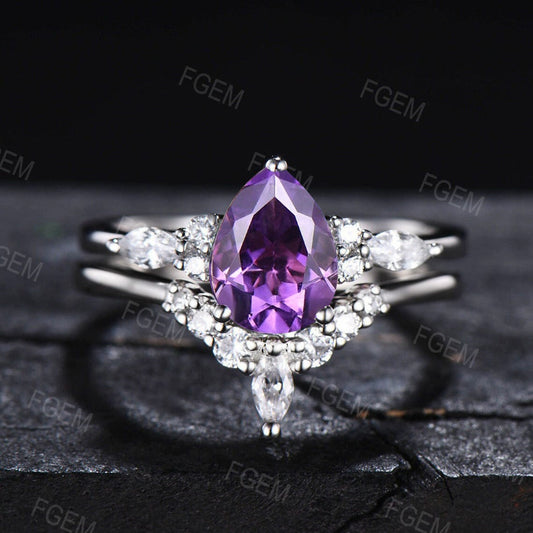 1.25ct Pear Shaped Natural Amethyst Ring Set for Women Sterling Silver Purple Crystal Amethyst Wedding Ring February Birthstone Jewelry Gift