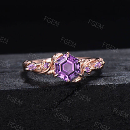 1ct Hexagon Cut Natural Amethyst Twist Leaf Engagement Ring 10K Rose Gold Purple Crystal Ring Amethyst Wedding Ring February Birthstone Gift