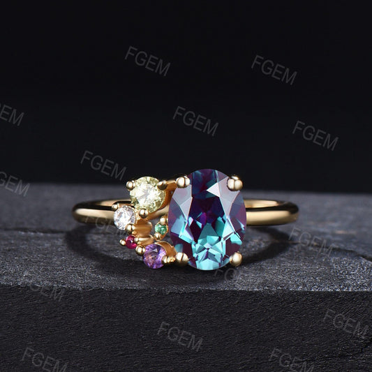 Oval Cut June Birthstone Ring Vintage 1.5ct Color-Change Alexandrite Cluster Ring Multi Birthstone Ring Personalized Jewelry Gift for Mom