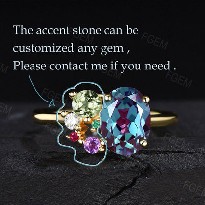 Oval Cut June Birthstone Ring Vintage 1.5ct Color-Change Alexandrite Cluster Ring Multi Birthstone Ring Personalized Jewelry Gift for Mom