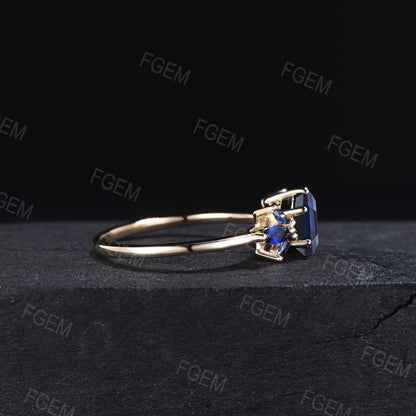 1ct Hexagon Cut Blue Sapphire Cluster Engagement Ring Vintage September Birthstone Promise Ring Unique Handmade Proposal Gifts for Women