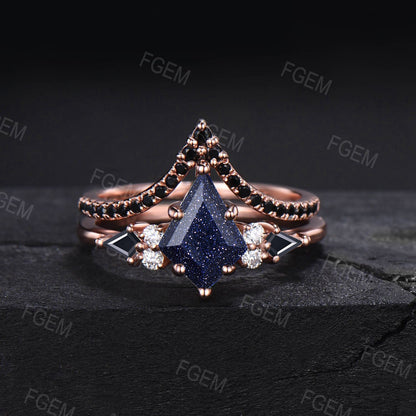 Black Bridal Set 3pcs Kite Cut Starry Sky Blue Sandstone Engagement Rings Vintage Antique Art Deco Black Spinel Celtic Knot Wedding Ring Set