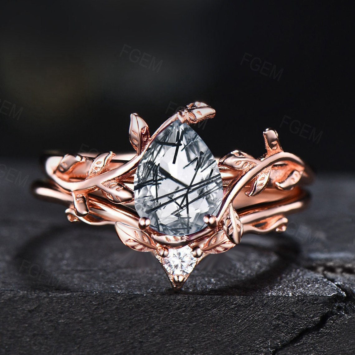 1.25ct Natural Black Rutilated Quartz Ring Set Pear Shaped Tourmalinated Quartz Ring Set Black Crystal Vintage 14k Gold Leaf Engagement Ring
