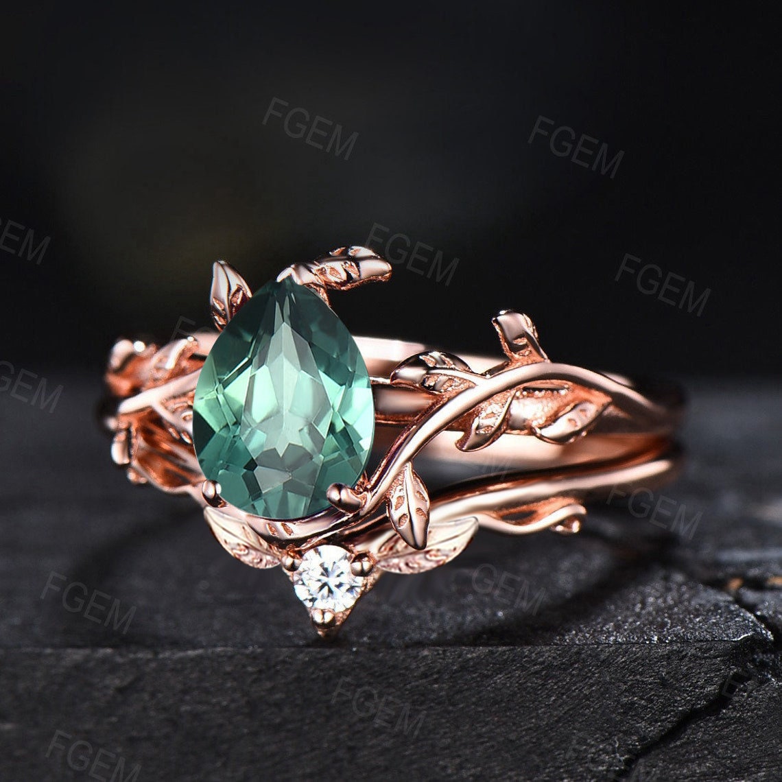 Nature Inspired Green Sapphire Ring 1.25ct Pear Shaped Green Blue Montana Teal Sapphire Leaf Engagement Ring Branch Design Solitaire Ring