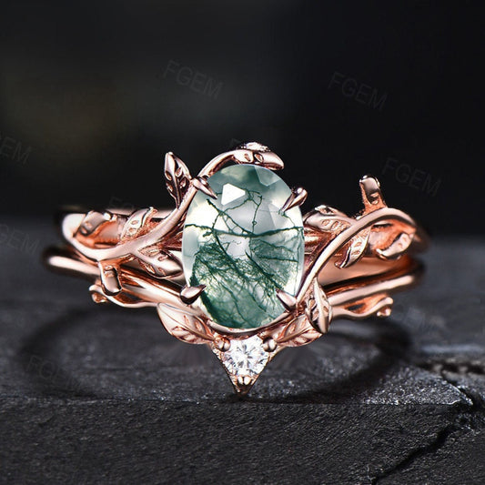 1.5ct Oval Natural Moss Agate Engagement Ring Set Rose Gold Silver Branch Design Solitaire Ring Unique Leaf Wedding Ring Anniversary Gifts