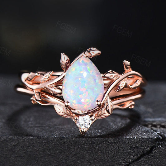 Nature Inspired White Opal Engagement Ring Set Vintage 1.25ct Pear Shape Unique Branch Design Lab Opal Solitaire Ring Leaf Wedding Ring Set